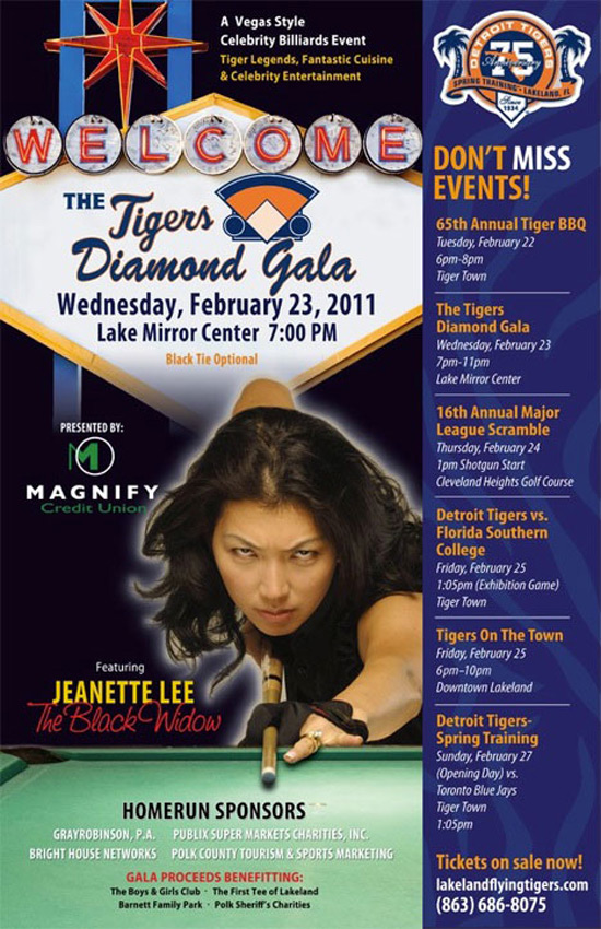 Detroit Tigers Corporate Gala Event in Lakeland, FL Detroit Tigers Corporate Event Gala flyer featuring Jeanette "Black Widow" Lee
