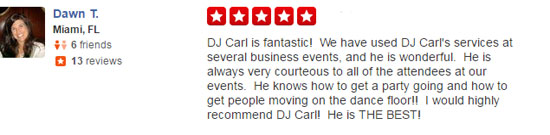 Corporate DJ Yelp Review about DJ Carl BF Williams