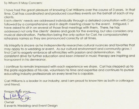 Reference Letter for DJ Carl BF Williams