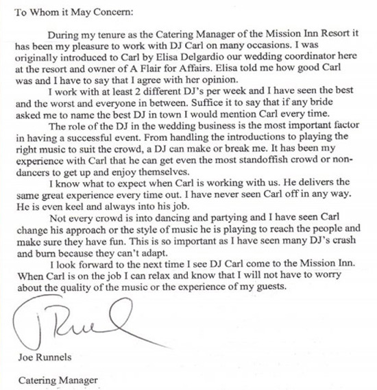 Reference Letter for DJ Carl BF Williams