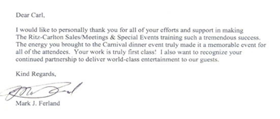 Corporate Event Thank You Letter for DJ Carl BF Williams