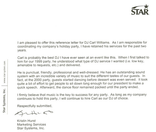 Holiday Party Thank You Letter for DJ Carl BF Williams