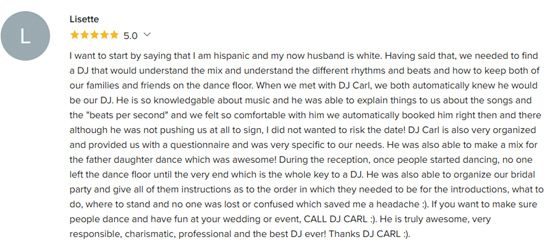WeddingWire 5-Star Wedding Review for DJ Carl BF Williams