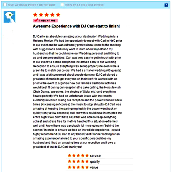 The Knot 5-Star Wedding Review for DJ Carl BF Williams