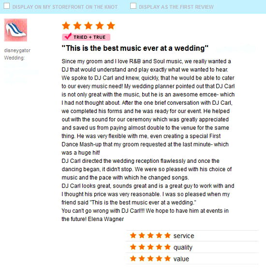 The Knot 5-Star Wedding Review for DJ Carl BF Williams