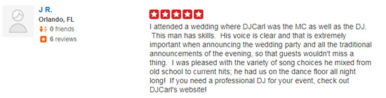 5 Star Yelp Wedding Review about DJ Carl BF Williams