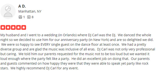 5 Star New York Wedding Review about DJ Carl BF Williams